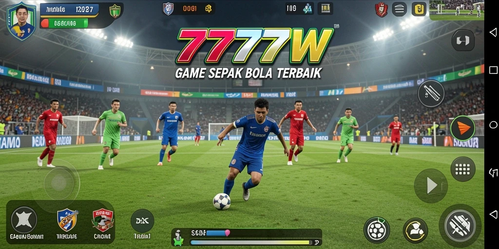 Screenshot gameplay yang menarik dari 7777W, menampilkan aksion pertandingan sepak bola.
