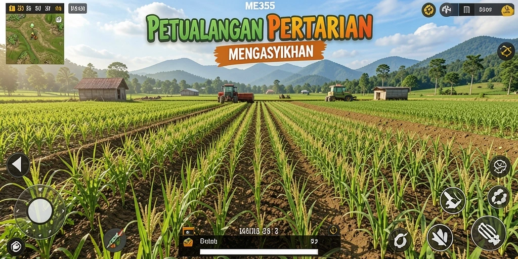 Tampilan gameplay ME355 dengan ladang yang subur dan hewan ternak.