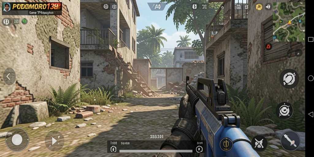 Tangkapan layar utama gameplay PODOMORO138 yang menunjukkan aksi tembak-menembak yang intens.