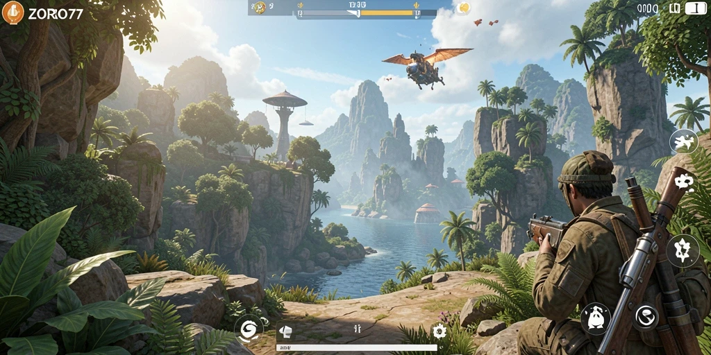 Screenshot gameplay ZORO77 menampilkan eksplorasi dunia terbuka yang luas.